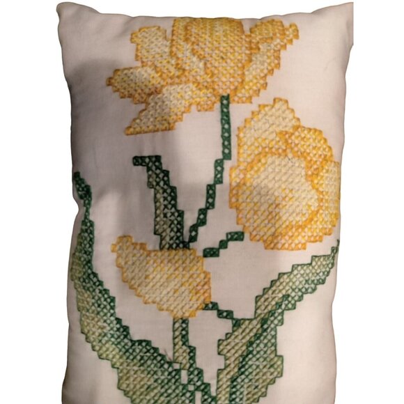 Cross Stitch Pillow Yellow Tulip Country Farmhouse Spring Easter Toss - Picture 4 of 5